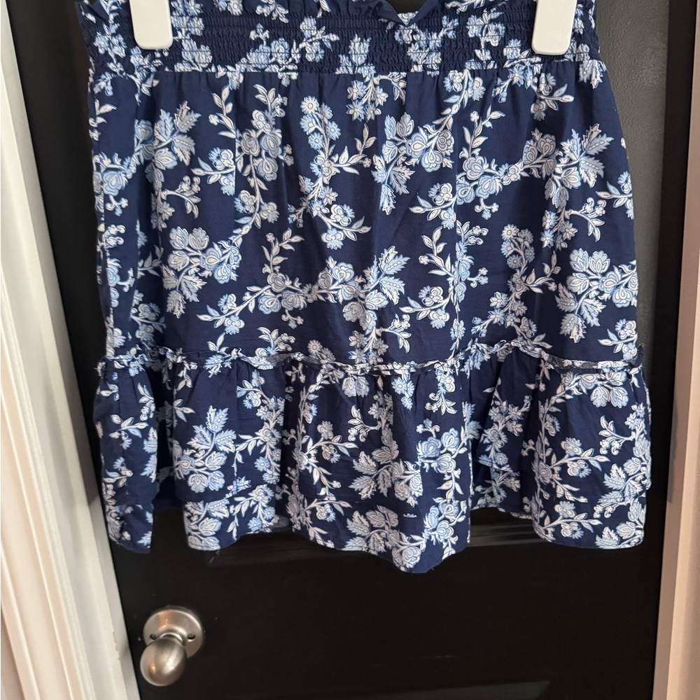 J. Crew Navy Blue Floral Tiered Skirt with White Print
